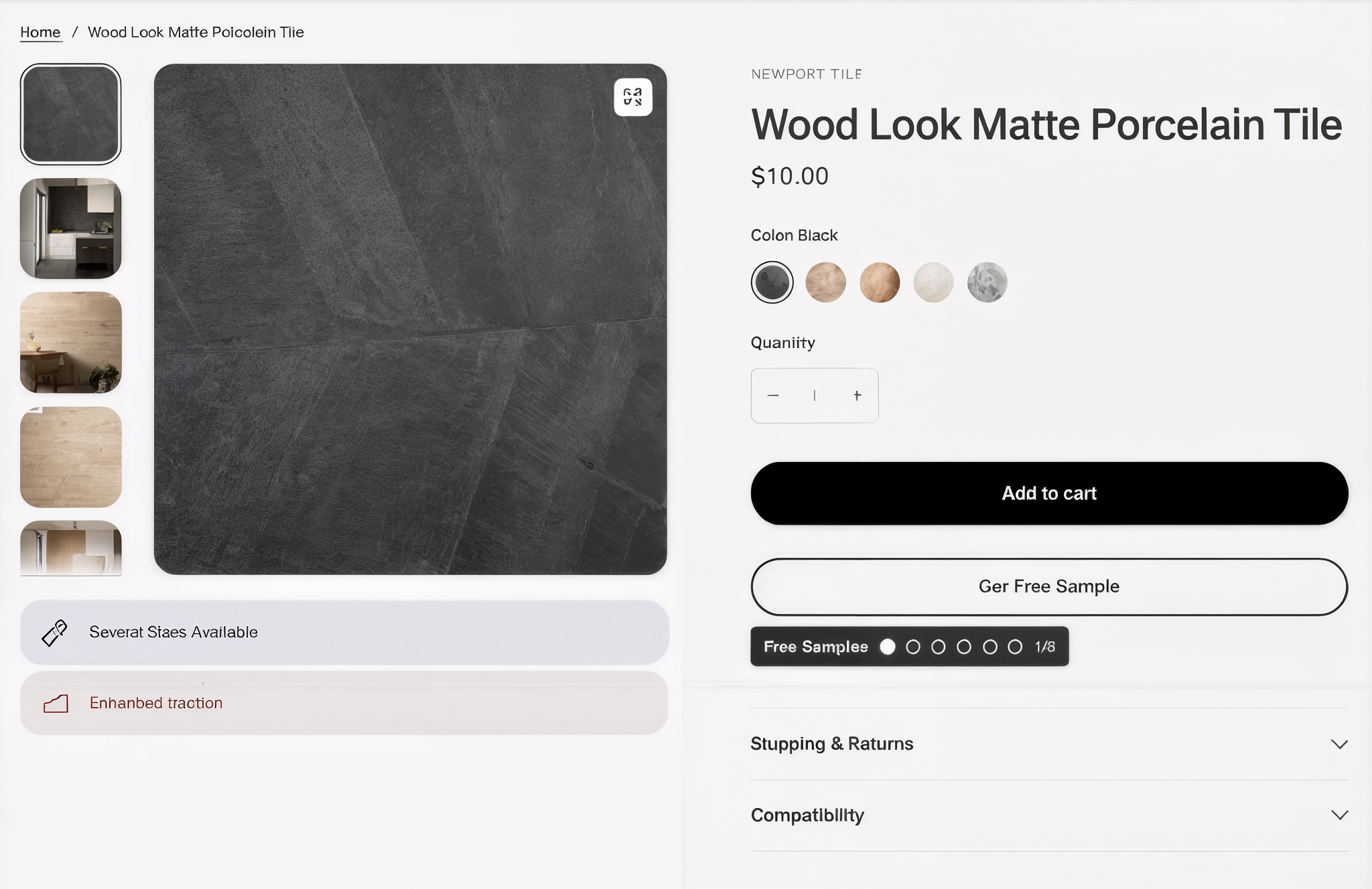 Shopify storefront showing the Get Free Sample button and sample tracking badge powered by Samples Simplified